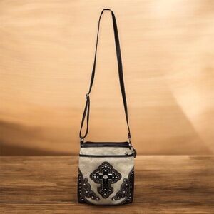 Vintage Western Style Cream and Dark Brown Rhinestone Crossbody Bag